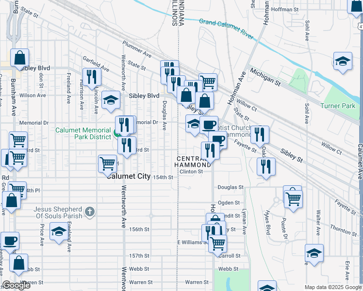 map of restaurants, bars, coffee shops, grocery stores, and more near 5243 State Line Avenue in Hammond