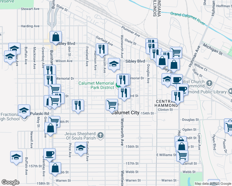 map of restaurants, bars, coffee shops, grocery stores, and more near 626 Wentworth Avenue in Calumet City