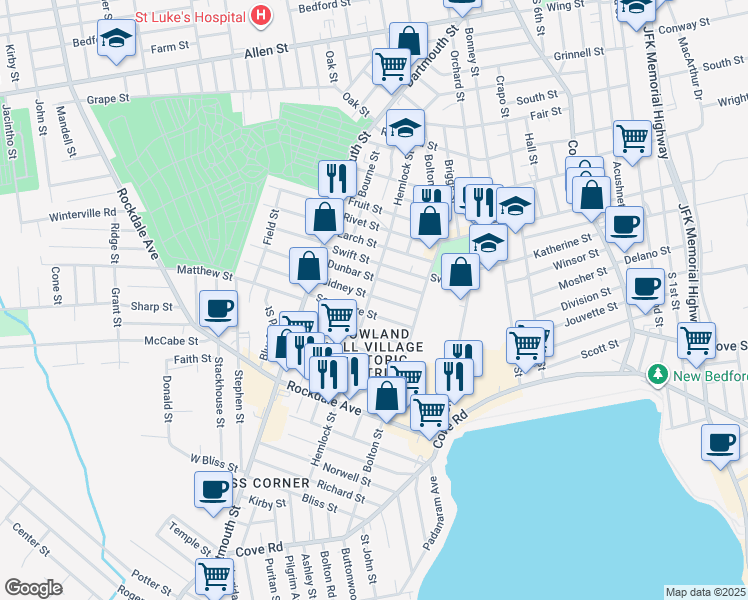 map of restaurants, bars, coffee shops, grocery stores, and more near 168 Hemlock Street in New Bedford