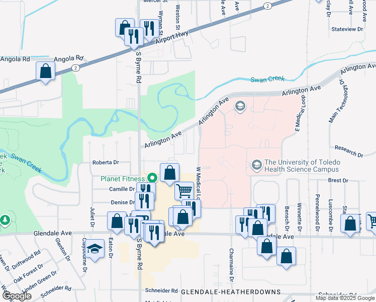 map of restaurants, bars, coffee shops, grocery stores, and more near 3319 Arlington Avenue in Toledo