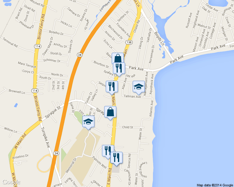 map of restaurants, bars, coffee shops, grocery stores, and more near 3297 E Main Rd in Portsmouth