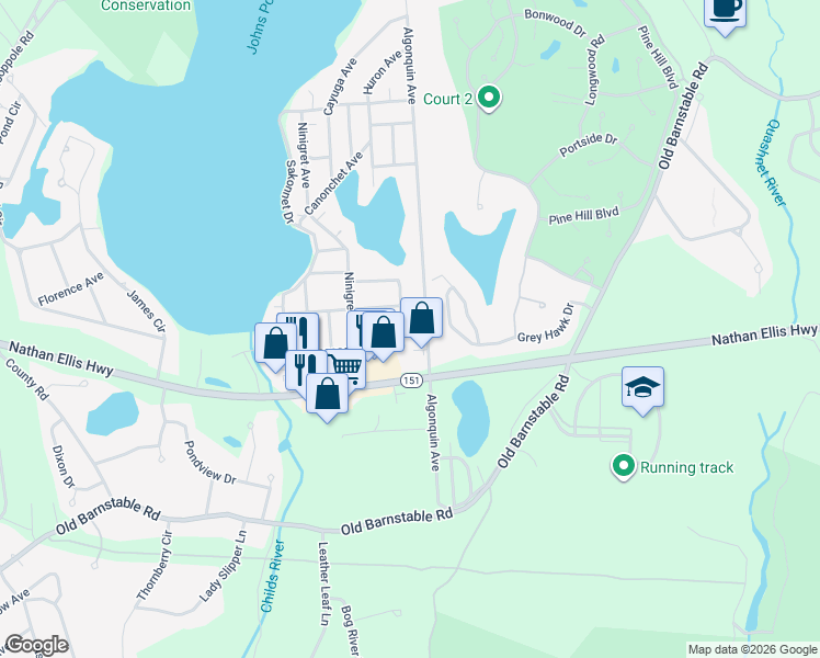 map of restaurants, bars, coffee shops, grocery stores, and more near 9 Mohican Avenue in Mashpee