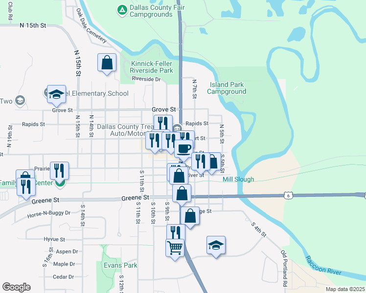 map of restaurants, bars, coffee shops, grocery stores, and more near 108 Nile Kinnick Drive North in Adel
