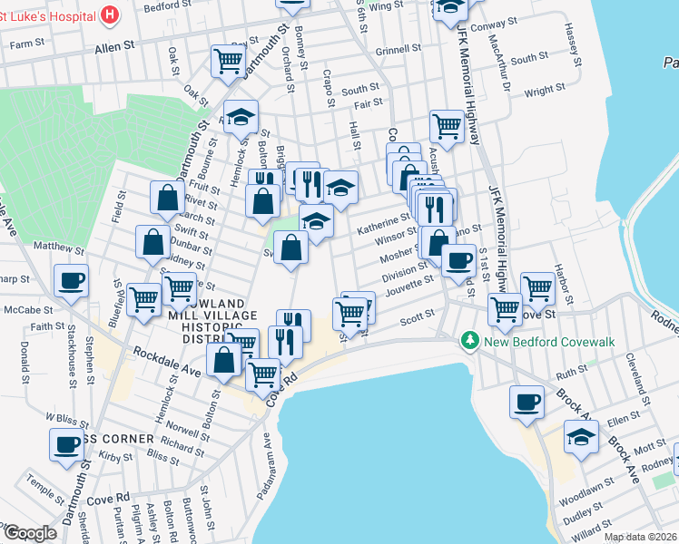 map of restaurants, bars, coffee shops, grocery stores, and more near 290 Bonney Street in New Bedford
