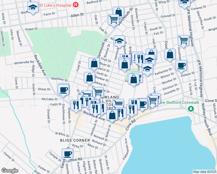 map of restaurants, bars, coffee shops, grocery stores, and more near 168 Hemlock Street in New Bedford