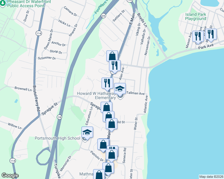 map of restaurants, bars, coffee shops, grocery stores, and more near 3297 East Main Road in Portsmouth
