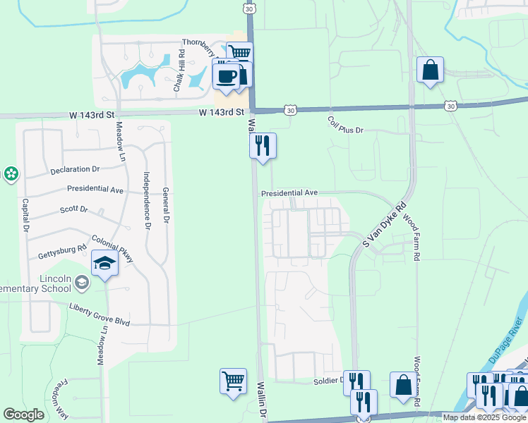 map of restaurants, bars, coffee shops, grocery stores, and more near 14508 Thomas Jefferson Drive in Plainfield