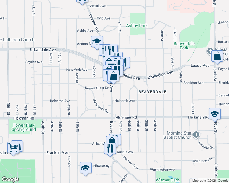 map of restaurants, bars, coffee shops, grocery stores, and more near 2520 40th Place in Des Moines