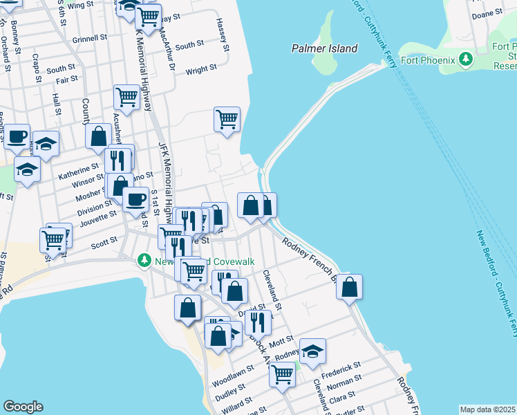 map of restaurants, bars, coffee shops, grocery stores, and more near 1909 Cove Street in New Bedford