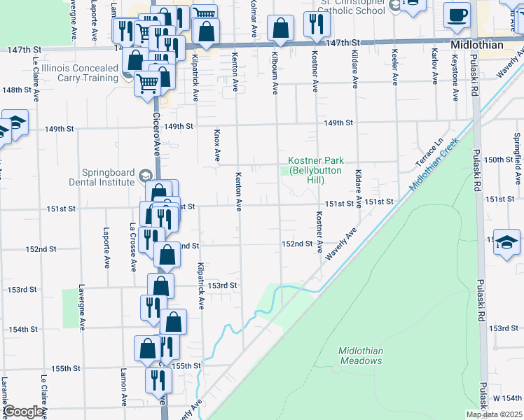map of restaurants, bars, coffee shops, grocery stores, and more near 4521 151st Street in Midlothian