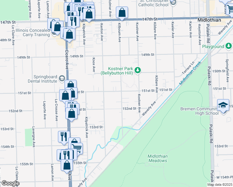 map of restaurants, bars, coffee shops, grocery stores, and more near 4521 151st Street in Midlothian