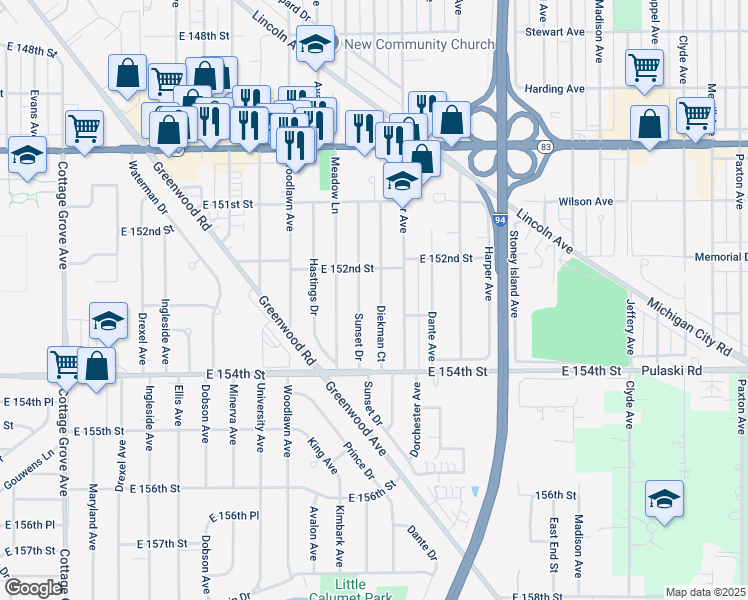 map of restaurants, bars, coffee shops, grocery stores, and more near 15235 Sunset Drive in Dolton