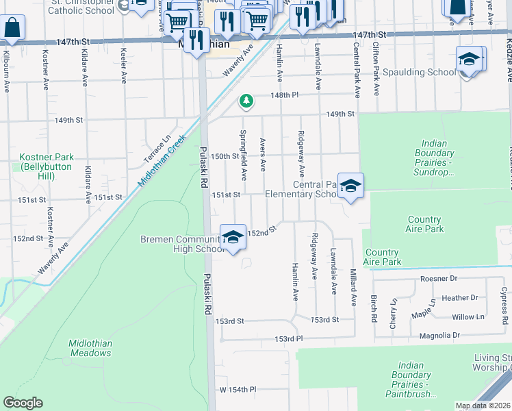 map of restaurants, bars, coffee shops, grocery stores, and more near 15128 Avers Avenue in Midlothian