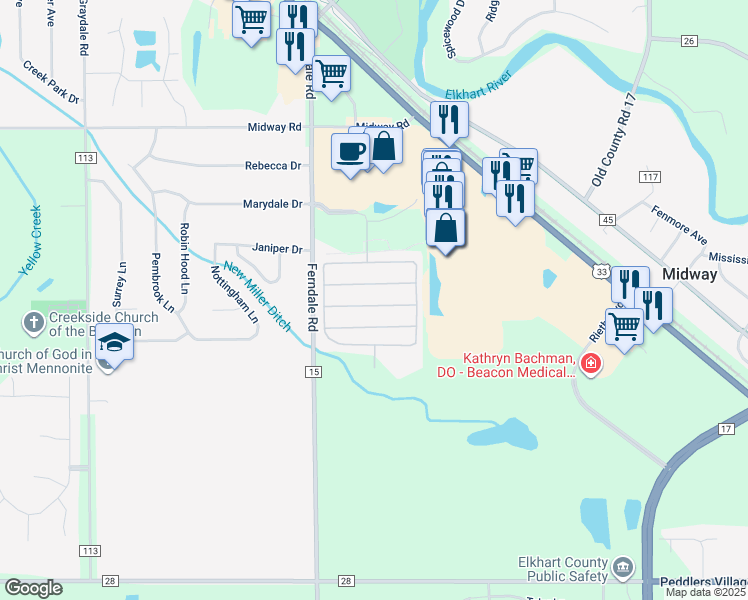 map of restaurants, bars, coffee shops, grocery stores, and more near 170 The Willows in Goshen