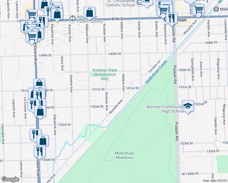 map of restaurants, bars, coffee shops, grocery stores, and more near 4335 151st Street in Midlothian