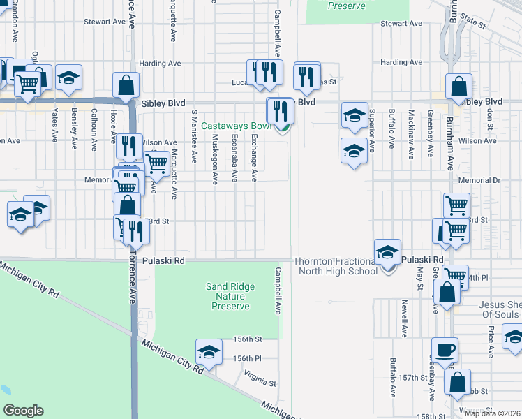 map of restaurants, bars, coffee shops, grocery stores, and more near 618 Exchange Avenue in Calumet City