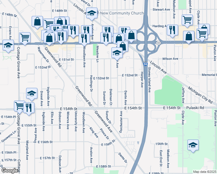 map of restaurants, bars, coffee shops, grocery stores, and more near 15235 Sunset Drive in Dolton