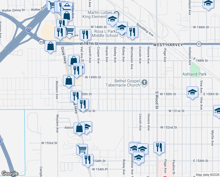 map of restaurants, bars, coffee shops, grocery stores, and more near 193 West 150th Street in Harvey