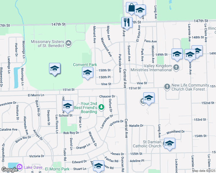 map of restaurants, bars, coffee shops, grocery stores, and more near 15100 Oxford Drive in Oak Forest