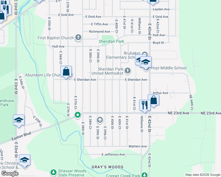 map of restaurants, bars, coffee shops, grocery stores, and more near 2505 East 39th Court in Des Moines
