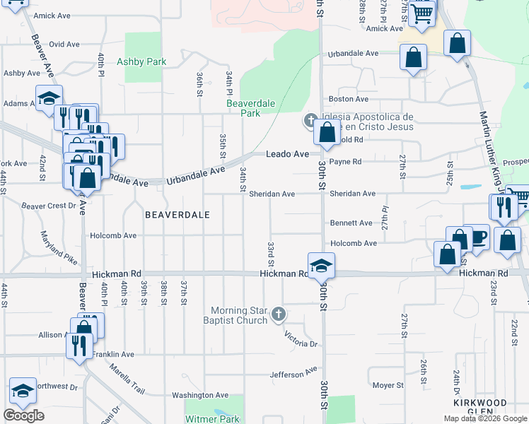 map of restaurants, bars, coffee shops, grocery stores, and more near 2517 33rd Street in Des Moines