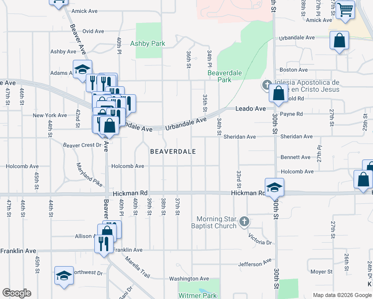 map of restaurants, bars, coffee shops, grocery stores, and more near 2518 36th Street in Des Moines