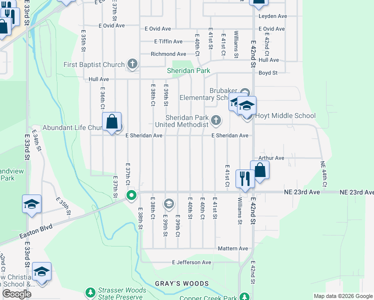 map of restaurants, bars, coffee shops, grocery stores, and more near 2505 East 39th Court in Des Moines