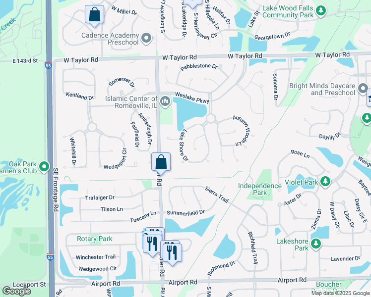 map of restaurants, bars, coffee shops, grocery stores, and more near 1864 Lake Shore Drive in Romeoville