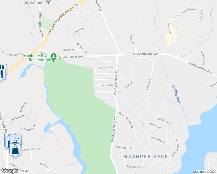 map of restaurants, bars, coffee shops, grocery stores, and more near 14 Porthole Drive in Mashpee