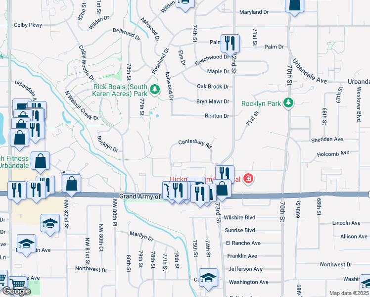 map of restaurants, bars, coffee shops, grocery stores, and more near 2510 Canterbury Road in Urbandale