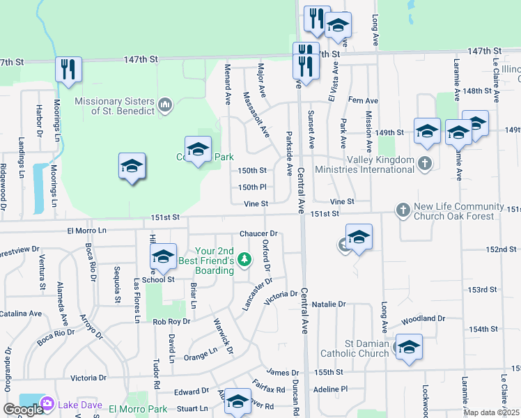 map of restaurants, bars, coffee shops, grocery stores, and more near 15100 Oxford Drive in Oak Forest