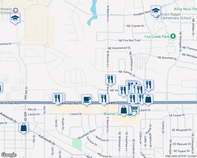 map of restaurants, bars, coffee shops, grocery stores, and more near 105 N Warrior Ln in Waukee