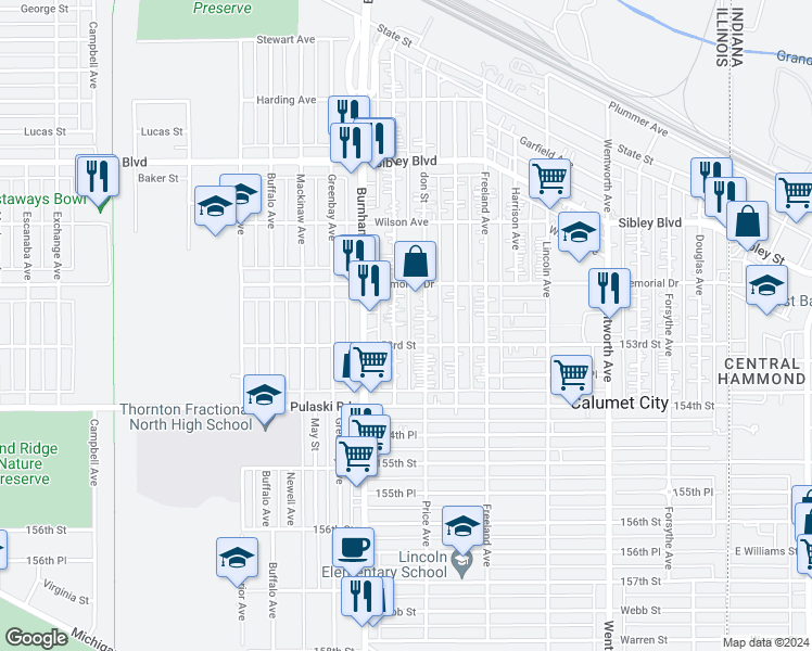 map of restaurants, bars, coffee shops, grocery stores, and more near 609 Hirsch Avenue in Calumet City