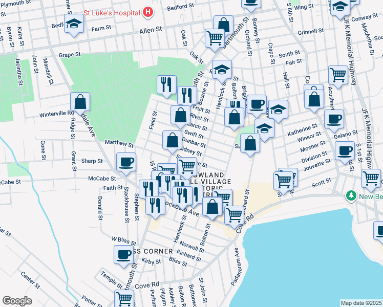 map of restaurants, bars, coffee shops, grocery stores, and more near 84 Sagamore Street in New Bedford
