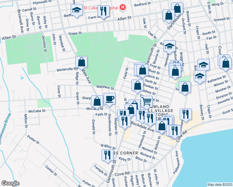 map of restaurants, bars, coffee shops, grocery stores, and more near 45 Stephen Street in New Bedford