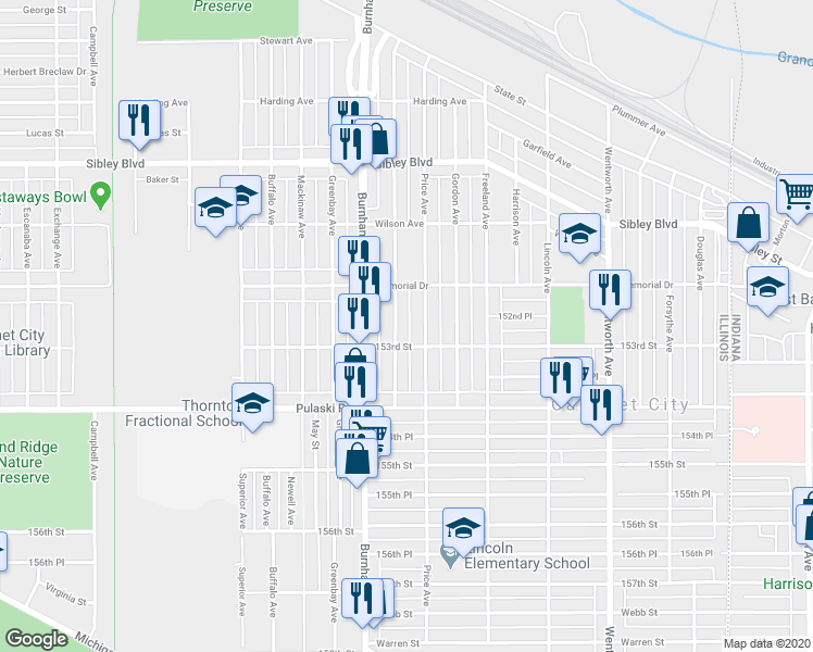 map of restaurants, bars, coffee shops, grocery stores, and more near 618 Hirsch Avenue in Calumet City