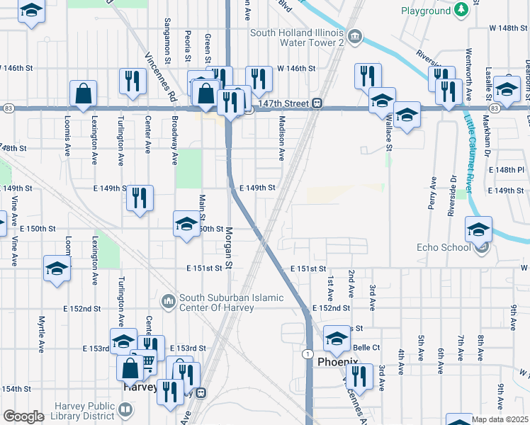 map of restaurants, bars, coffee shops, grocery stores, and more near 14945 Washington Avenue in Harvey
