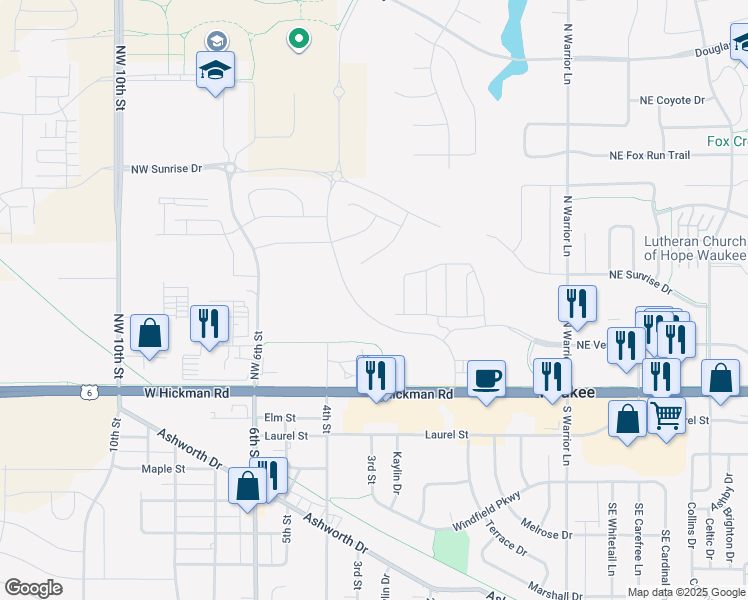 map of restaurants, bars, coffee shops, grocery stores, and more near 395 Hickman Road in Waukee