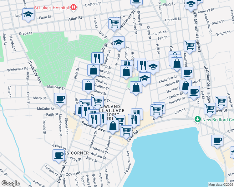map of restaurants, bars, coffee shops, grocery stores, and more near 17 Sidney Street in New Bedford