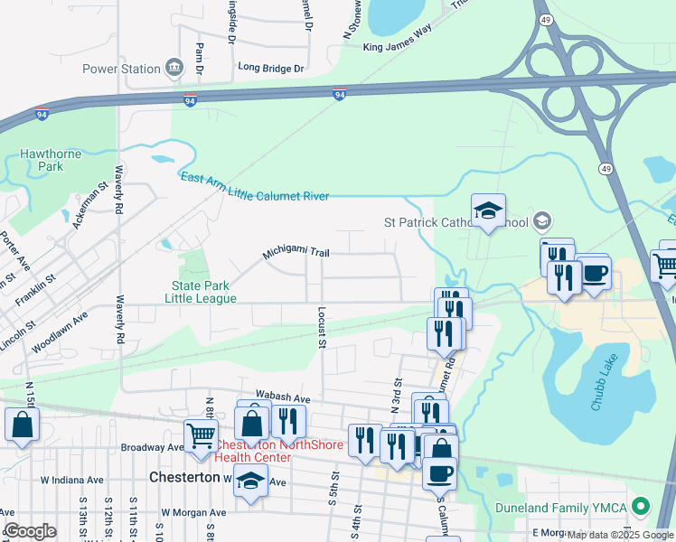 map of restaurants, bars, coffee shops, grocery stores, and more near 101-699 Pottawattomie Trail in Porter