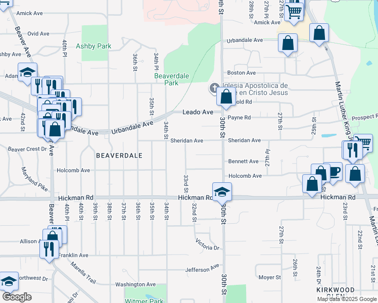 map of restaurants, bars, coffee shops, grocery stores, and more near 2603 33rd Street in Des Moines