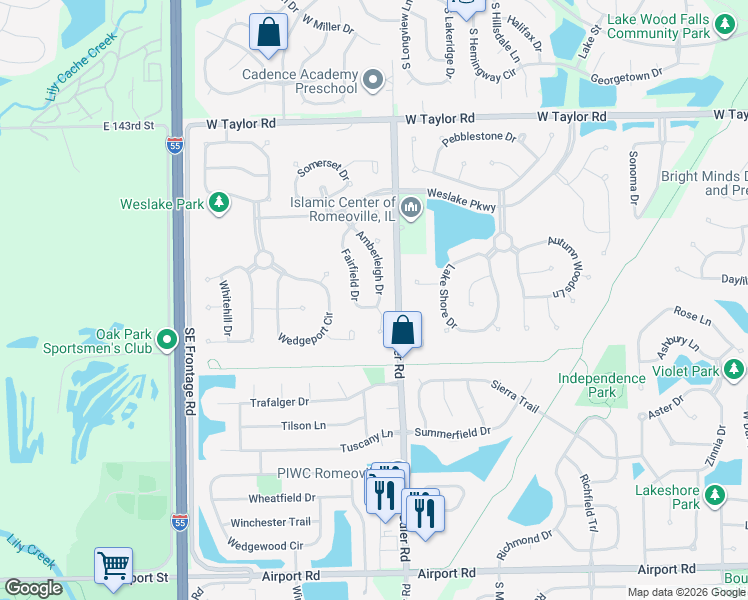 map of restaurants, bars, coffee shops, grocery stores, and more near 176 Morgan Court in Romeoville