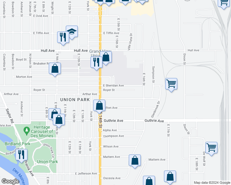 map of restaurants, bars, coffee shops, grocery stores, and more near 1443 Royer Street in Des Moines