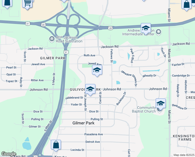 map of restaurants, bars, coffee shops, grocery stores, and more near 19685 Johnson Road in South Bend