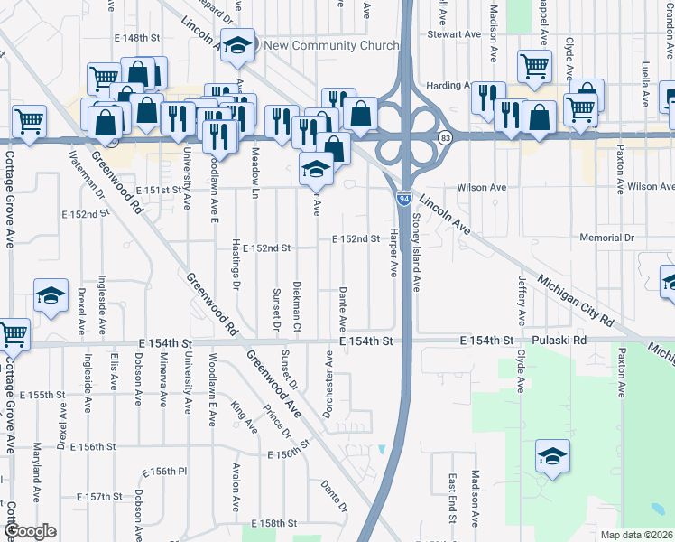 map of restaurants, bars, coffee shops, grocery stores, and more near 15228 Dante Avenue in Dolton