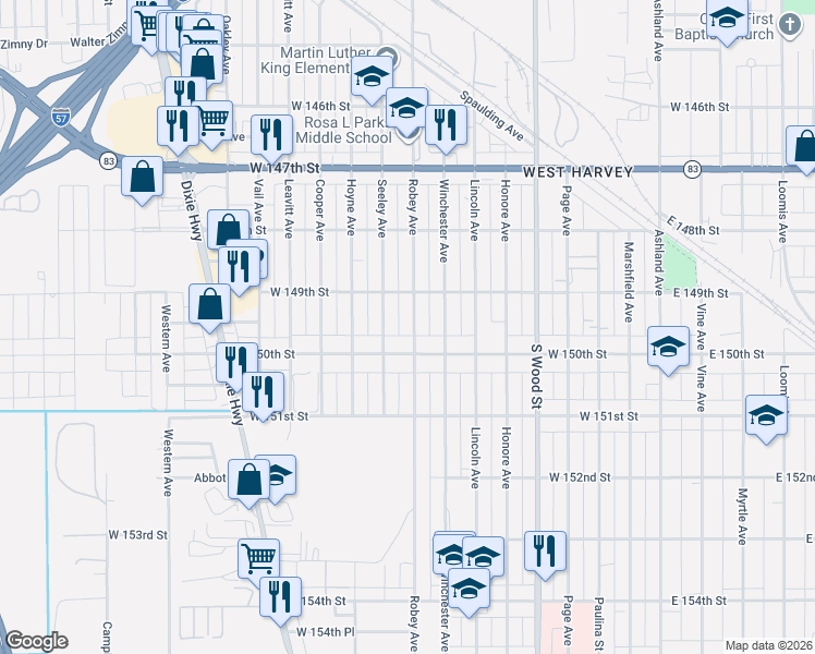 map of restaurants, bars, coffee shops, grocery stores, and more near 14926 Robey Avenue in Harvey