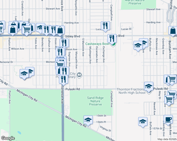 map of restaurants, bars, coffee shops, grocery stores, and more near 619 South Manistee Avenue in Calumet City