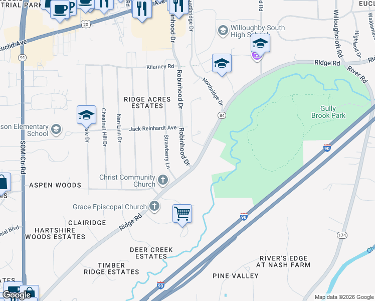 map of restaurants, bars, coffee shops, grocery stores, and more near 5381 Robinhood Drive in Willoughby