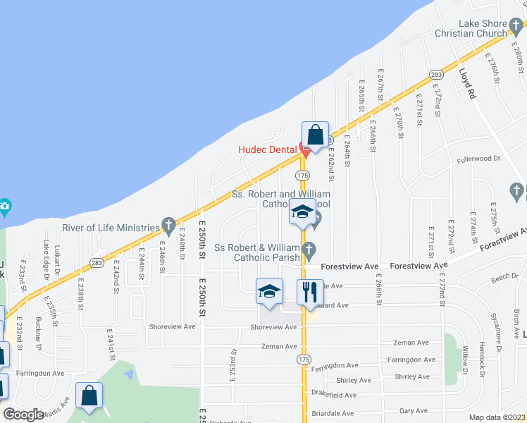 map of restaurants, bars, coffee shops, grocery stores, and more near 285 East 255th Street in Euclid