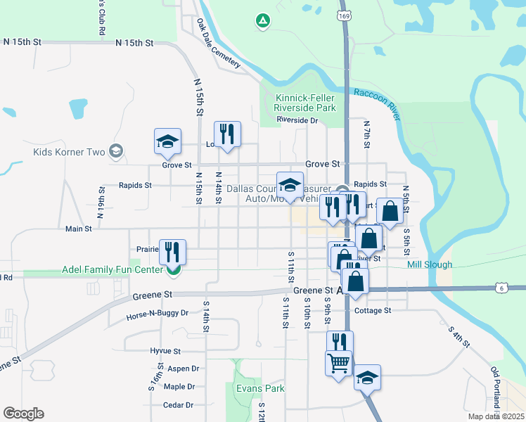 map of restaurants, bars, coffee shops, grocery stores, and more near 1136 Main Street in Adel